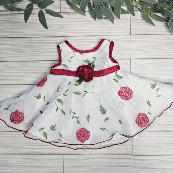 Baby Girl Party Dress White Red Rose Floral Sleeveless Occasion 3 Months - Picture 1 of 8